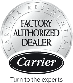 Silver seal logo featuring "Factory Authorized Dealer" and "Carrier" text with a black oval.