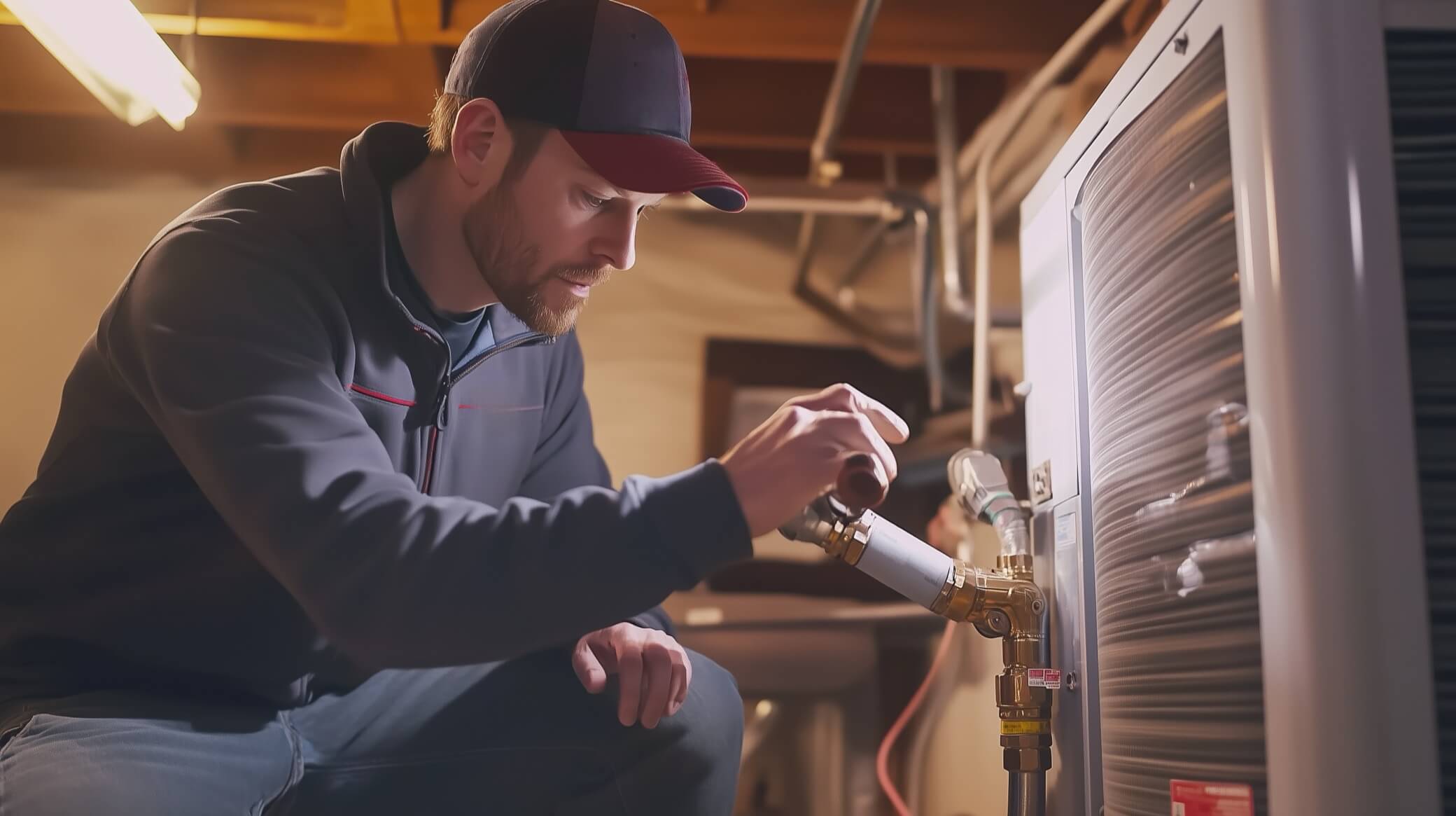 HVAC technician inspecting aging ductwork in a basement