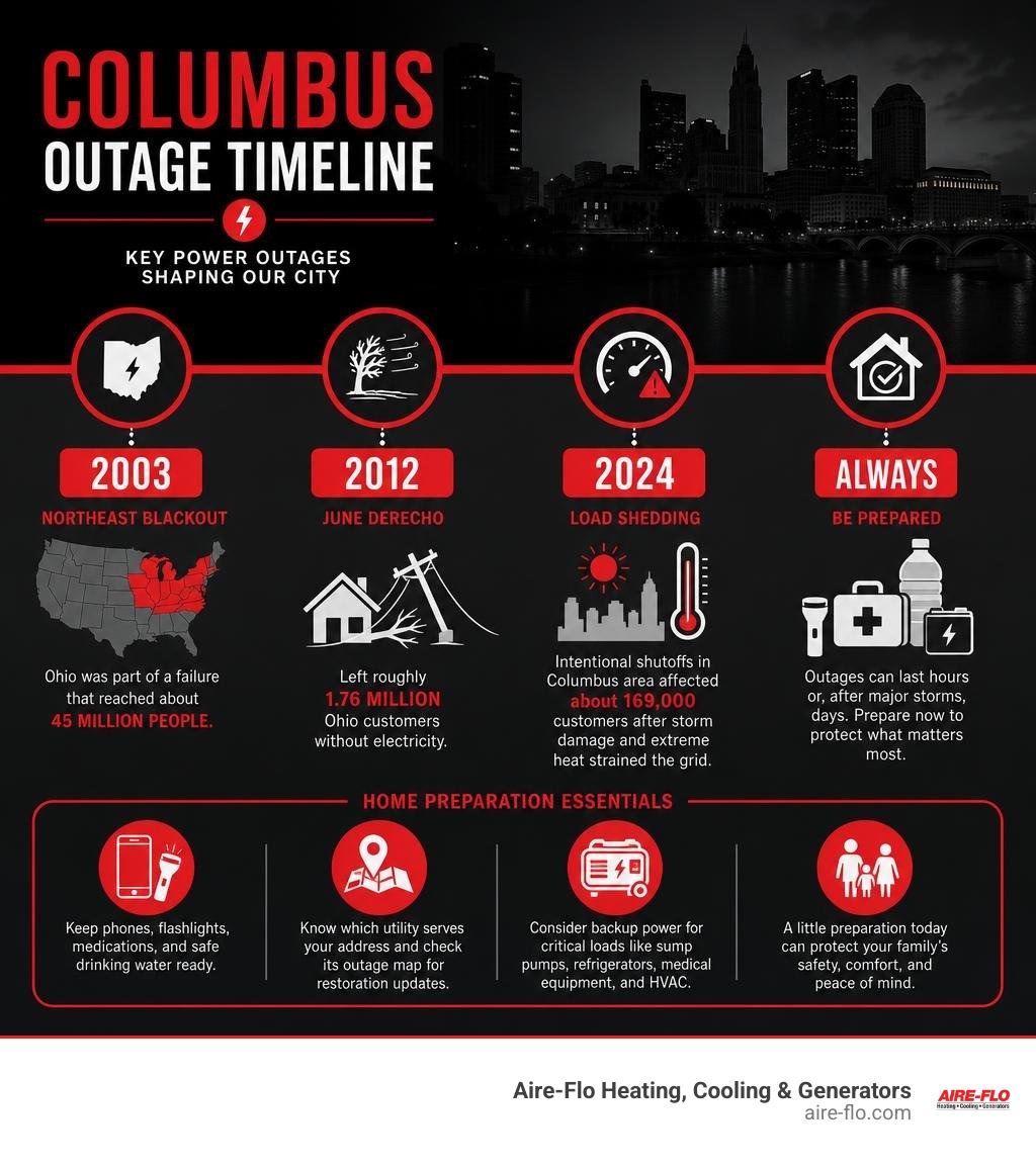 Columbus outage timeline: 2003 blackout, 2012 derecho, 2024 load shedding, and home preparation infographic