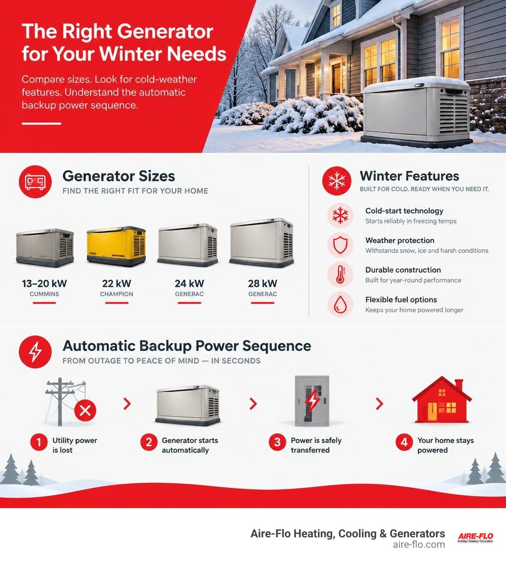 Comparison of generator sizes, winter features, and the automatic backup power sequence infographic
