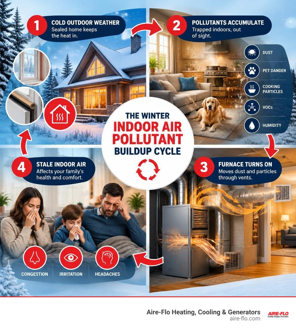 Colorful infographic showing the winter indoor air pollutant buildup cycle, from sealing the home and trapped pollutants to