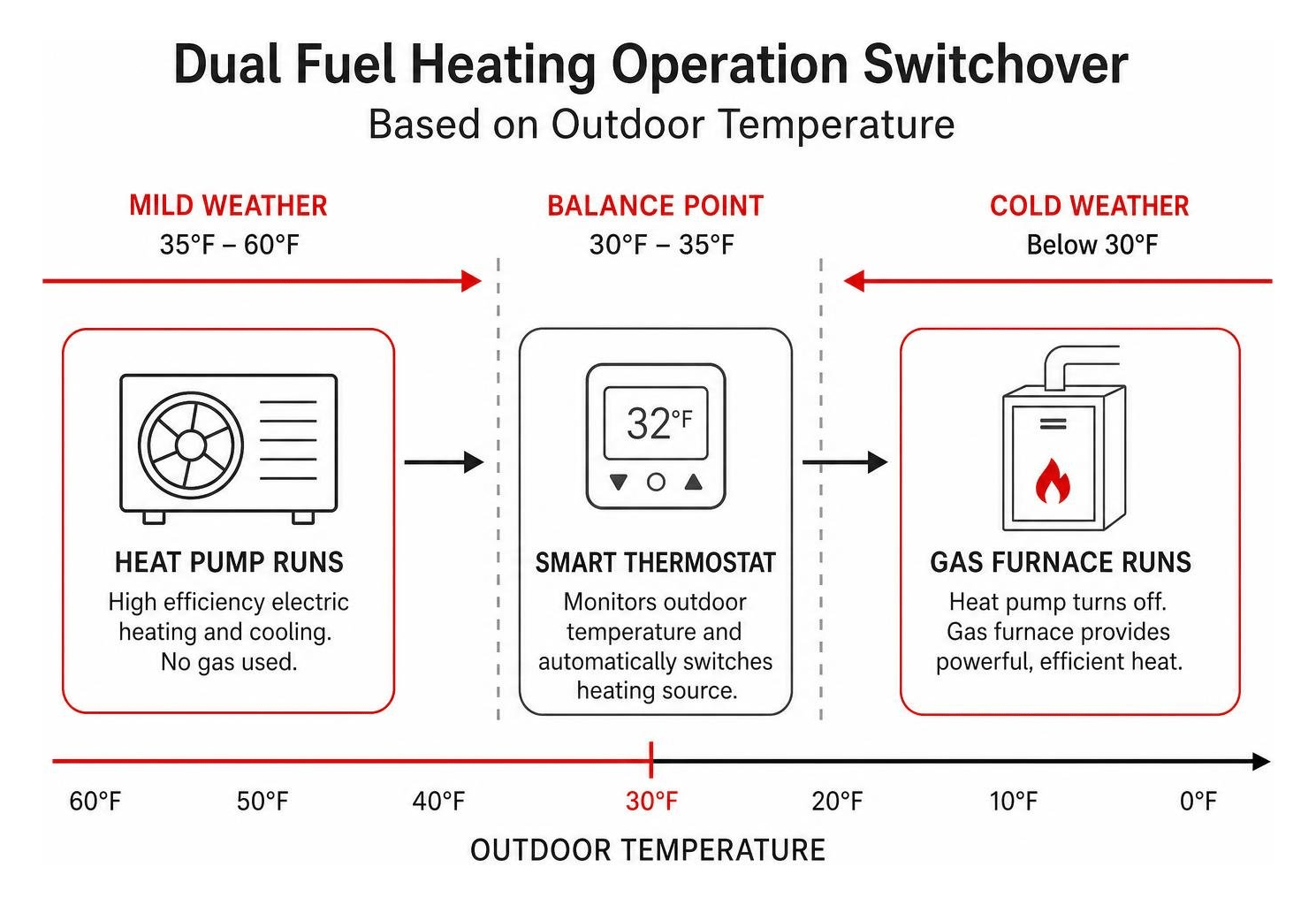 Dual fuel heating operation switchover diagram based on outdoor temperature