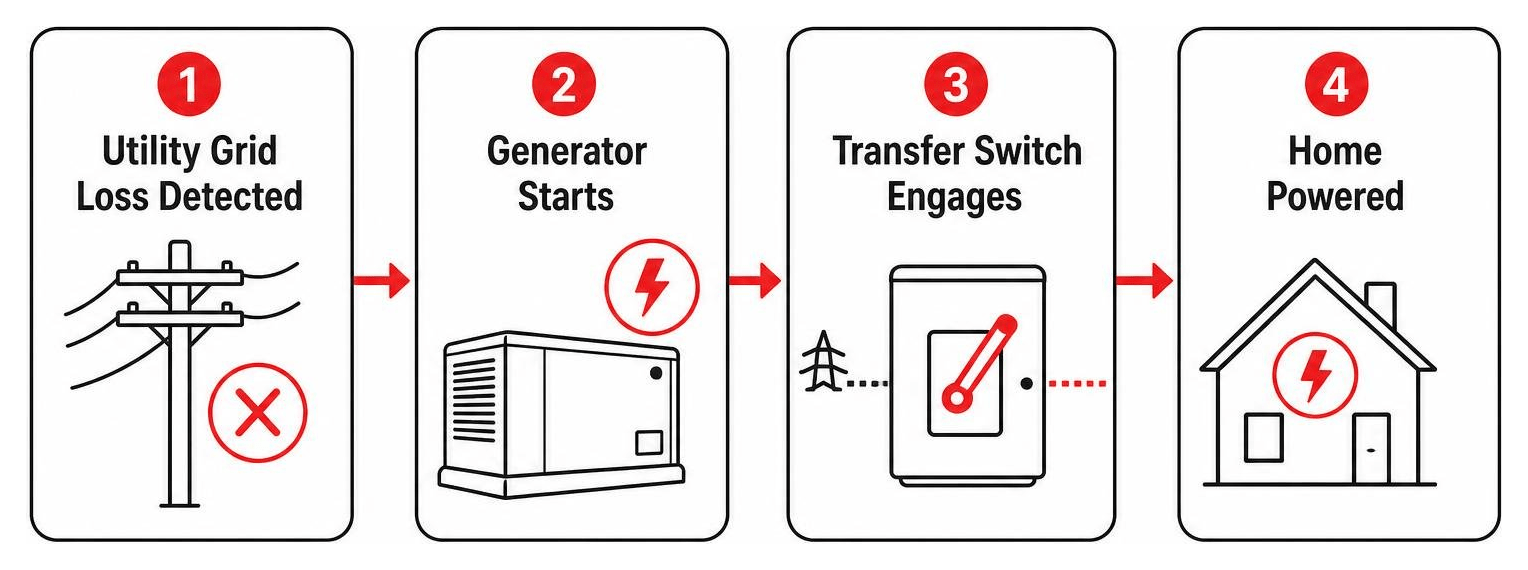 Standby generator sequence: utility grid loss detected, generator starts, transfer switch engages, home powered