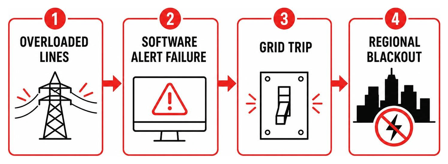 Cascading failure process: overloaded lines, software alert failure, grid trip, regional blackout