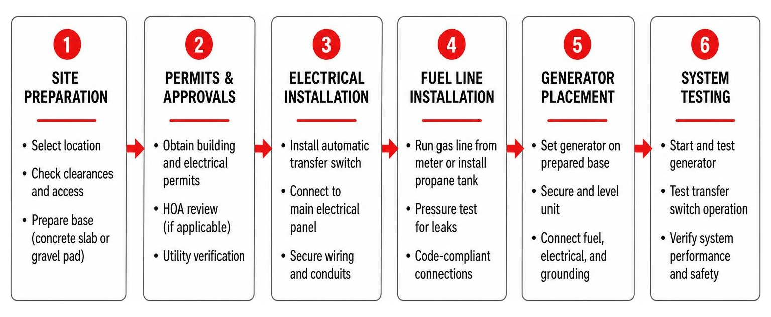 Process of installing a home standby generator from site prep to final testing